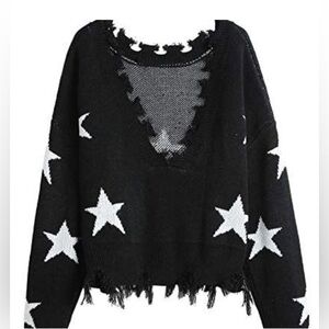 Black and White V-Neck Star Sweater